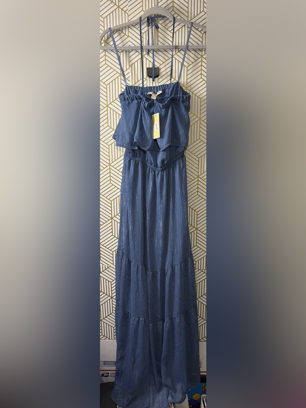 Michael Kors Slate Blue Metallic-Striped Maxi strapless Dress XS